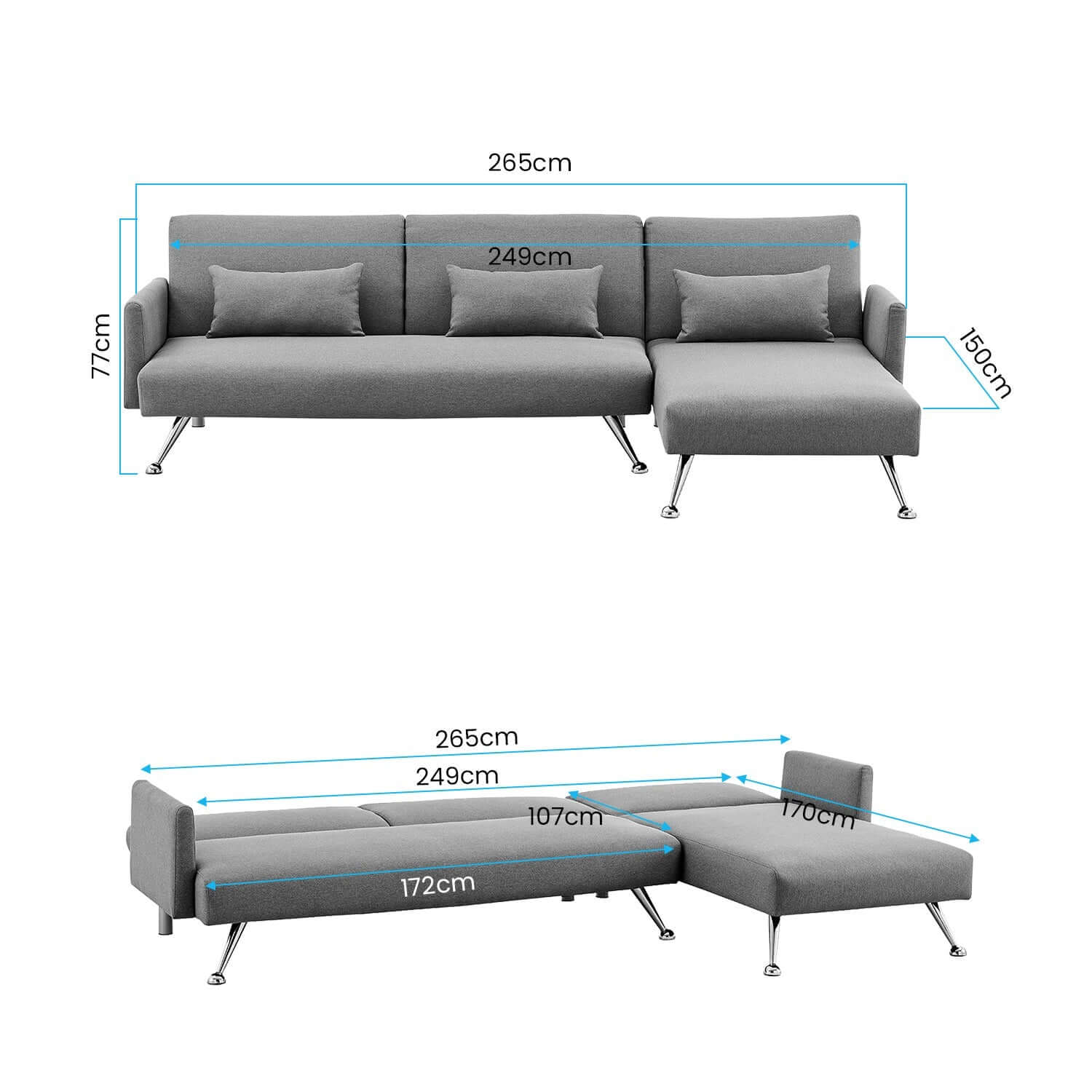Sarantino Mia 3-Seater Corner Sofa Bed Chaise and Pillows Dark Grey-Upinteriors