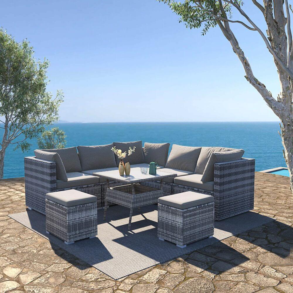 8PC Outdoor Dining Set Wicker Table &amp; Chairs-Grey-Upinteriors