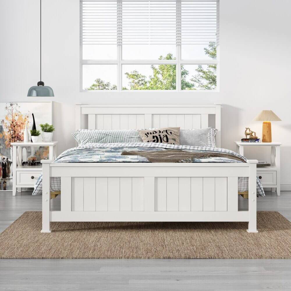 Double Solid Pine Timber Bed Frame-White-Upinteriors