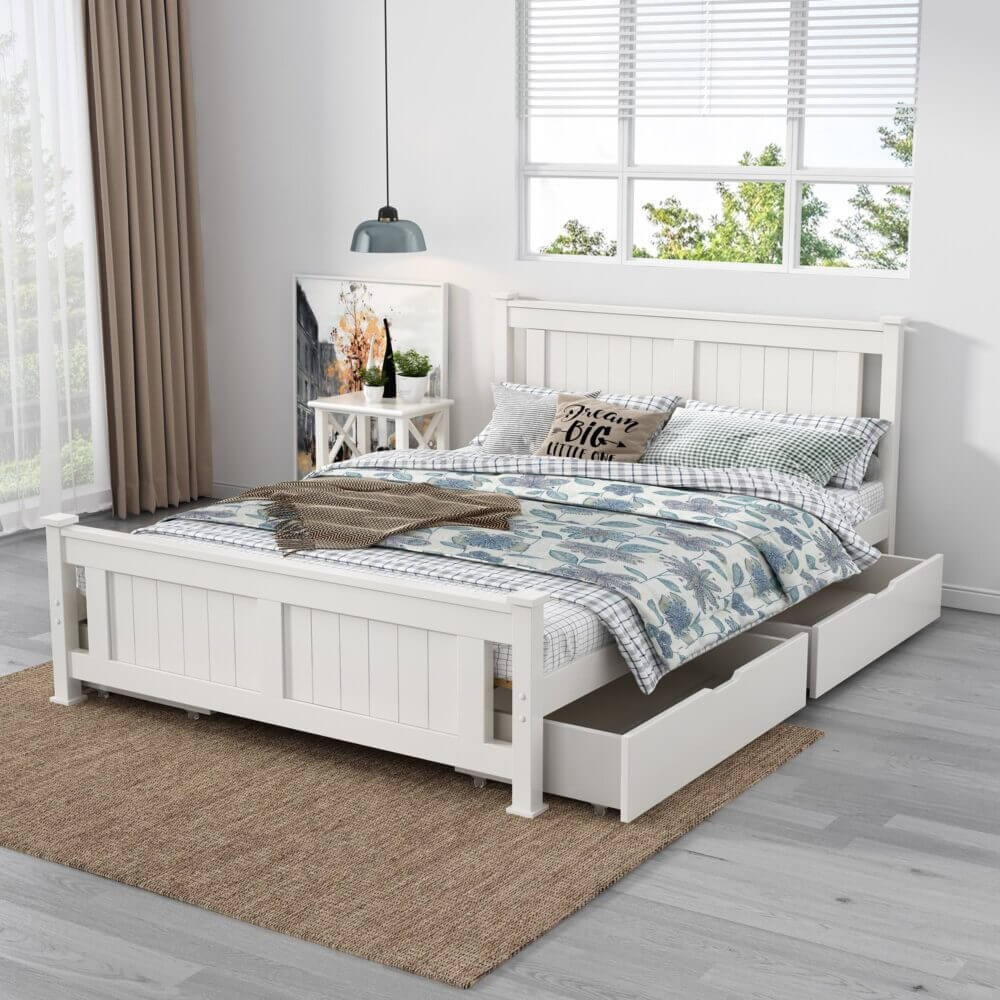 Double Solid Pine Timber Bed Frame-White-Upinteriors