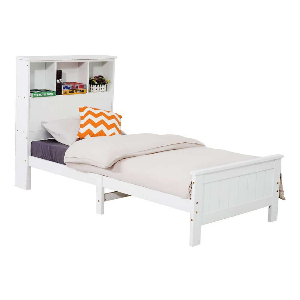 King Single Solid Pine Timber Bed Frame with Bookshelf Storage Headboard- White-Upinteriors