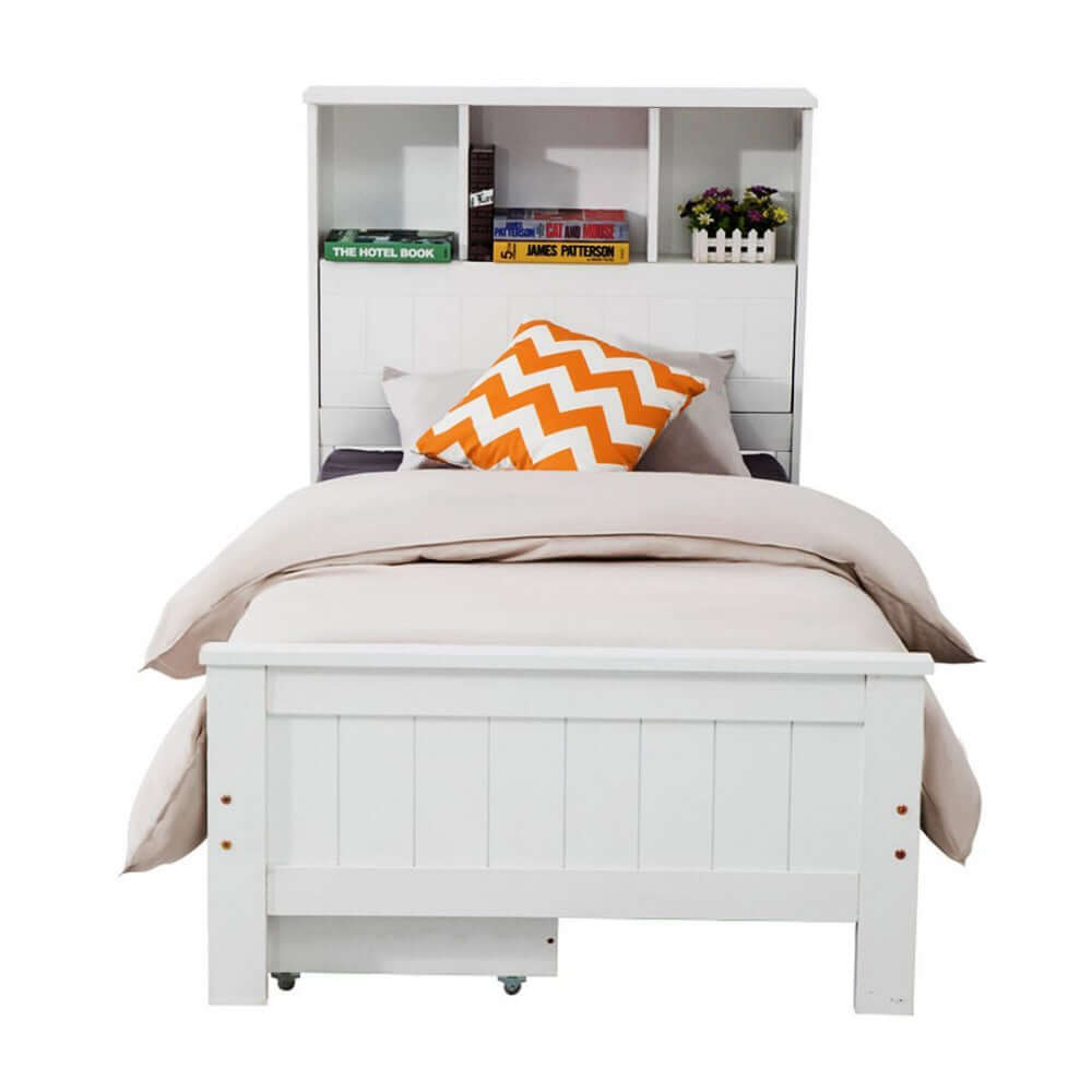 Single Size Solid Pine Timber Bed Frame with Bookshelf Headboard- White-Upinteriors