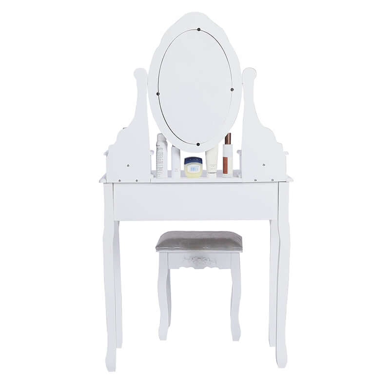 Carved Dressing Vanity Table Set with Mirror&#038;Stool- White-Upinteriors