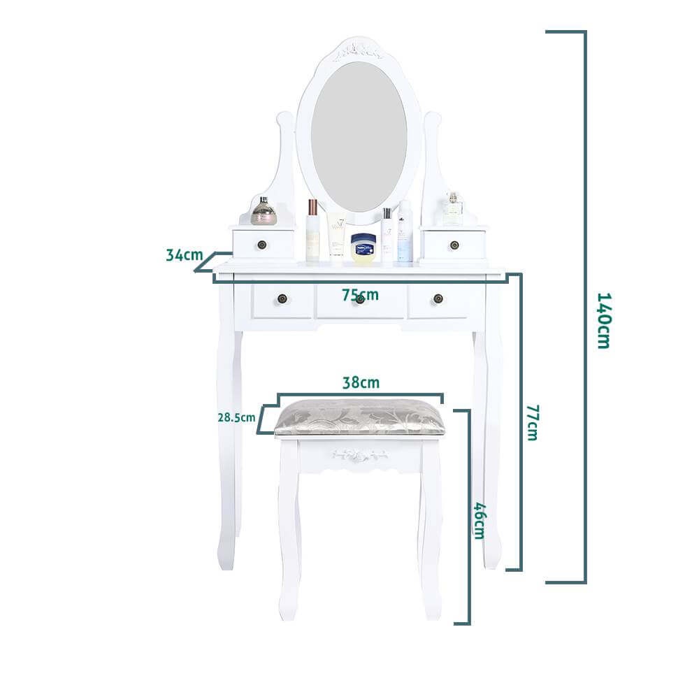 Carved Dressing Vanity Table Set with Mirror&#038;Stool- White-Upinteriors