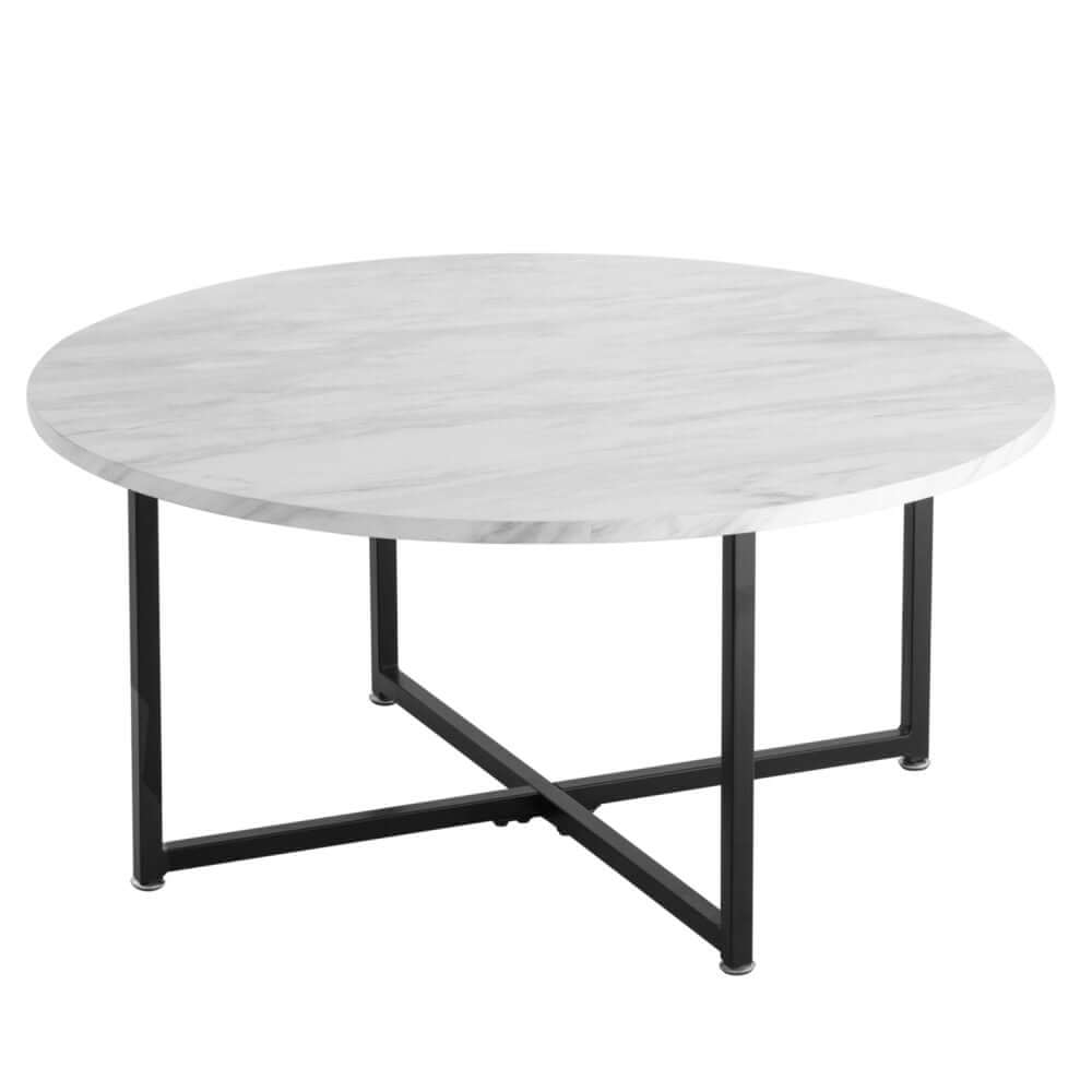 White Marble Effect Round Coffee Table with Black Legs-Upinteriors
