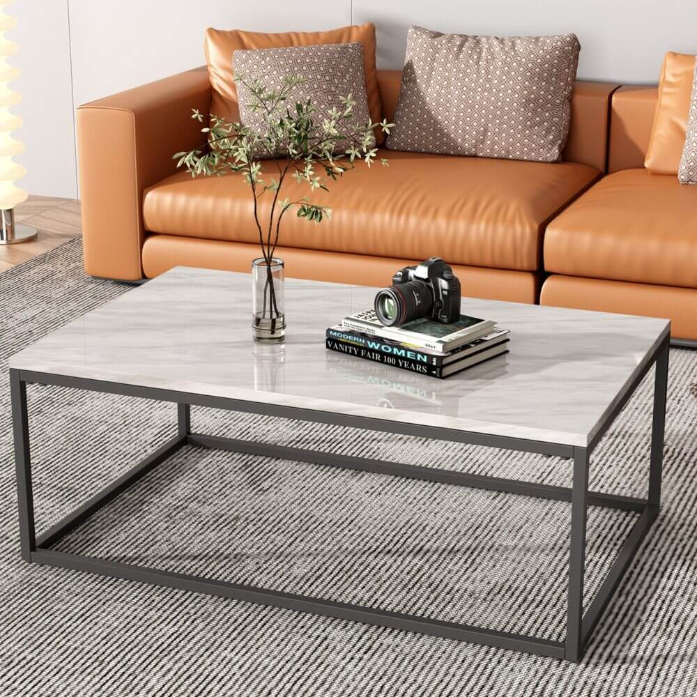 Industrial Style Marble Effect Rectangular Coffee Table-Upinteriors