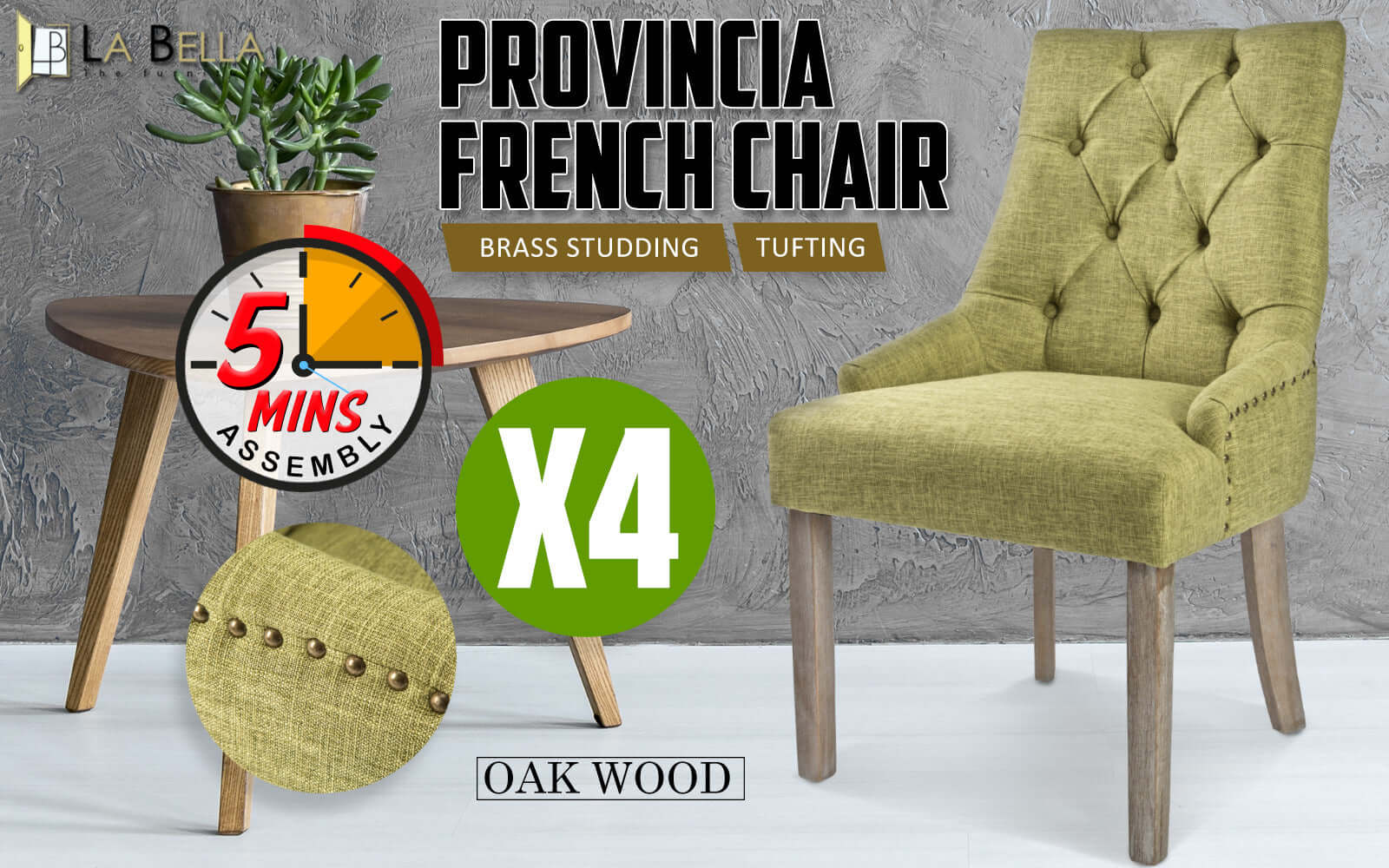 La Bella 4 Set Green French Provincial Dining Chair Amour Oak Leg-Upinteriors
