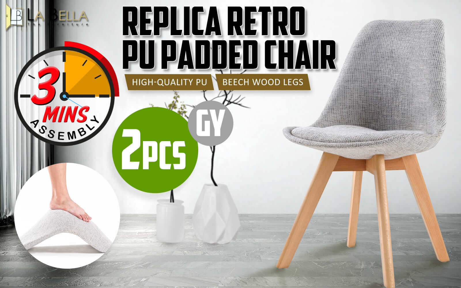 La Bella 2 Set Grey Retro Dining Cafe Chair Padded Seat-Upinteriors