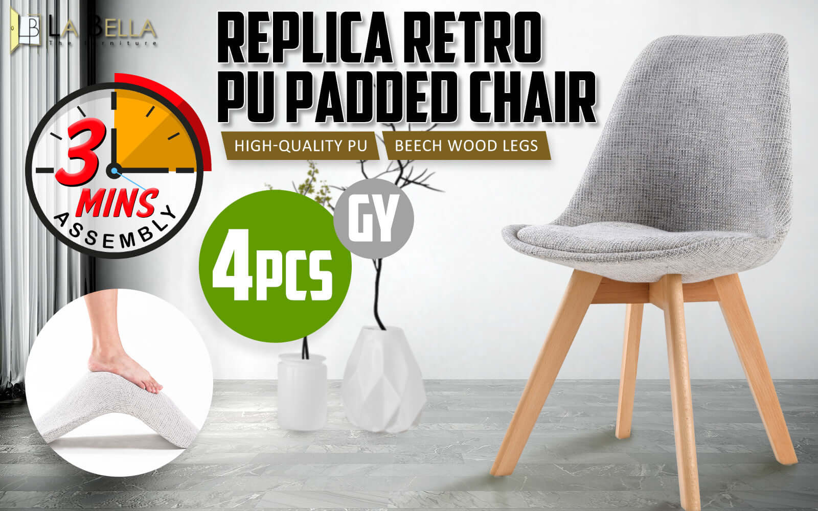 La Bella 4 Set Grey Retro Dining Cafe Chair Padded Seat-Upinteriors