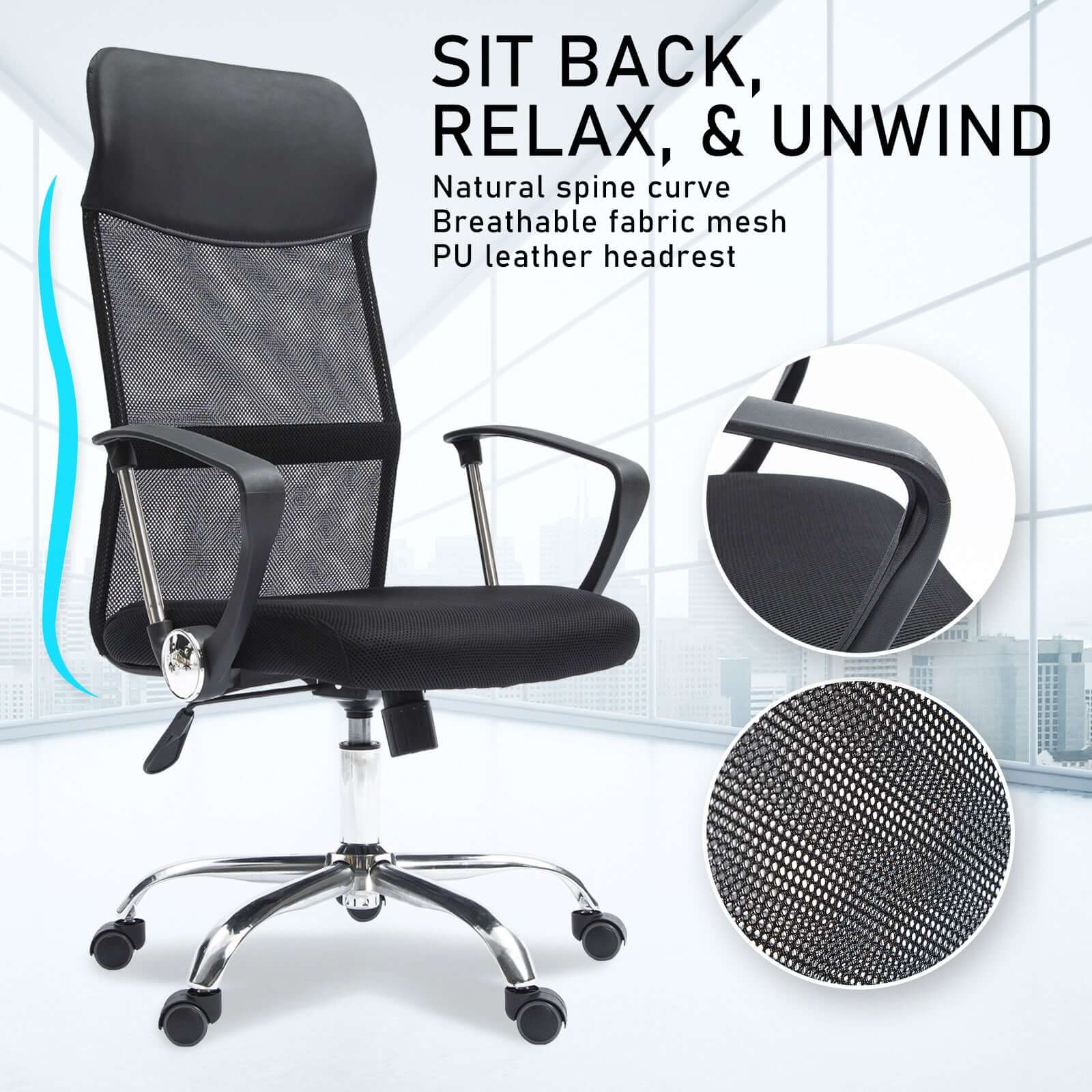 La Bella Black Office Chair Breeze Mesh High Back Tilt In-Built Lumbar-Upinteriors