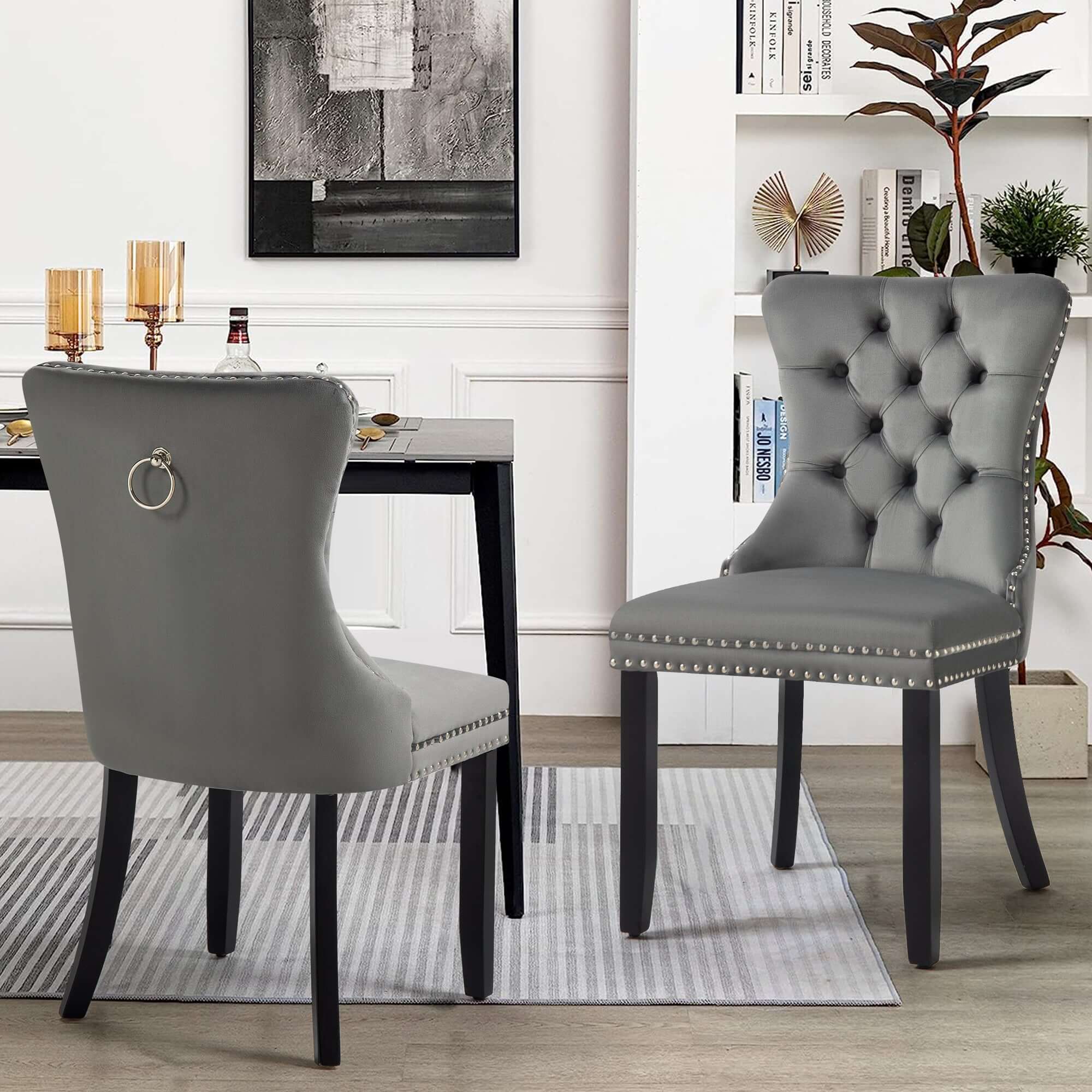 Set of 2 - Alsea Dark Grey Velvet & Black Rubberwood Dining Chairs Upholstered Tufted Stud Trim and Ring-Upinteriors