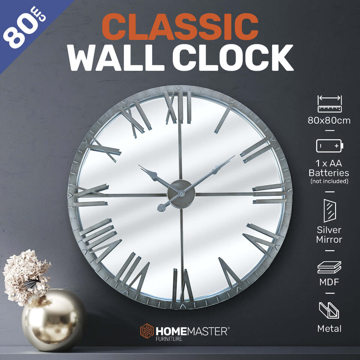 Home Master Wall Clock Roman Numerals Stylish Mirror Face Metal Accents 80cm-Upinteriors