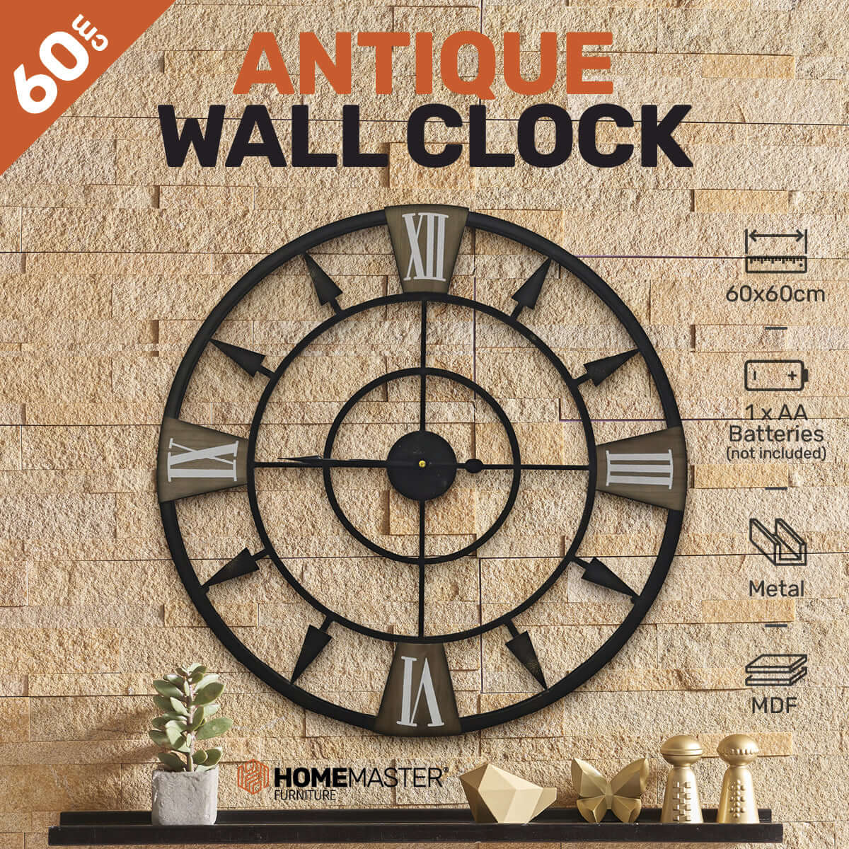 Home Master Wall Clock Antique Style Roman Numerals Metal Accents 60cm-Upinteriors