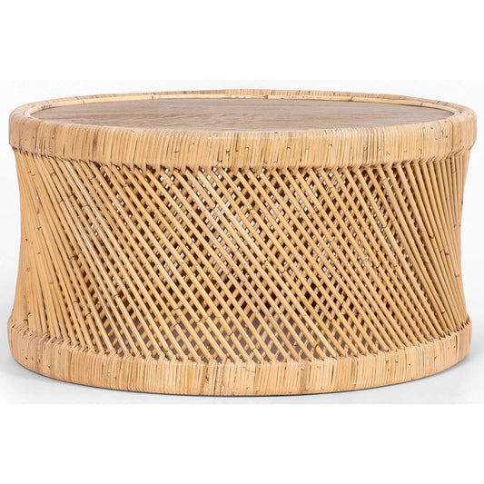 Freesia 80cm Round Coffee Table Mango Wood Top Rattan Frame - Natural - Upinteriors