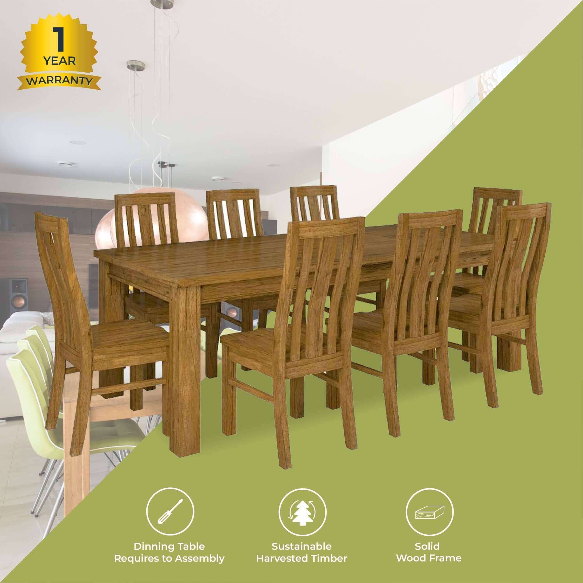 Birdsville 9pc Dining Set 225cm Table 8 Chair Solid Mt Ash Wood Timber - Brown-Upinteriors