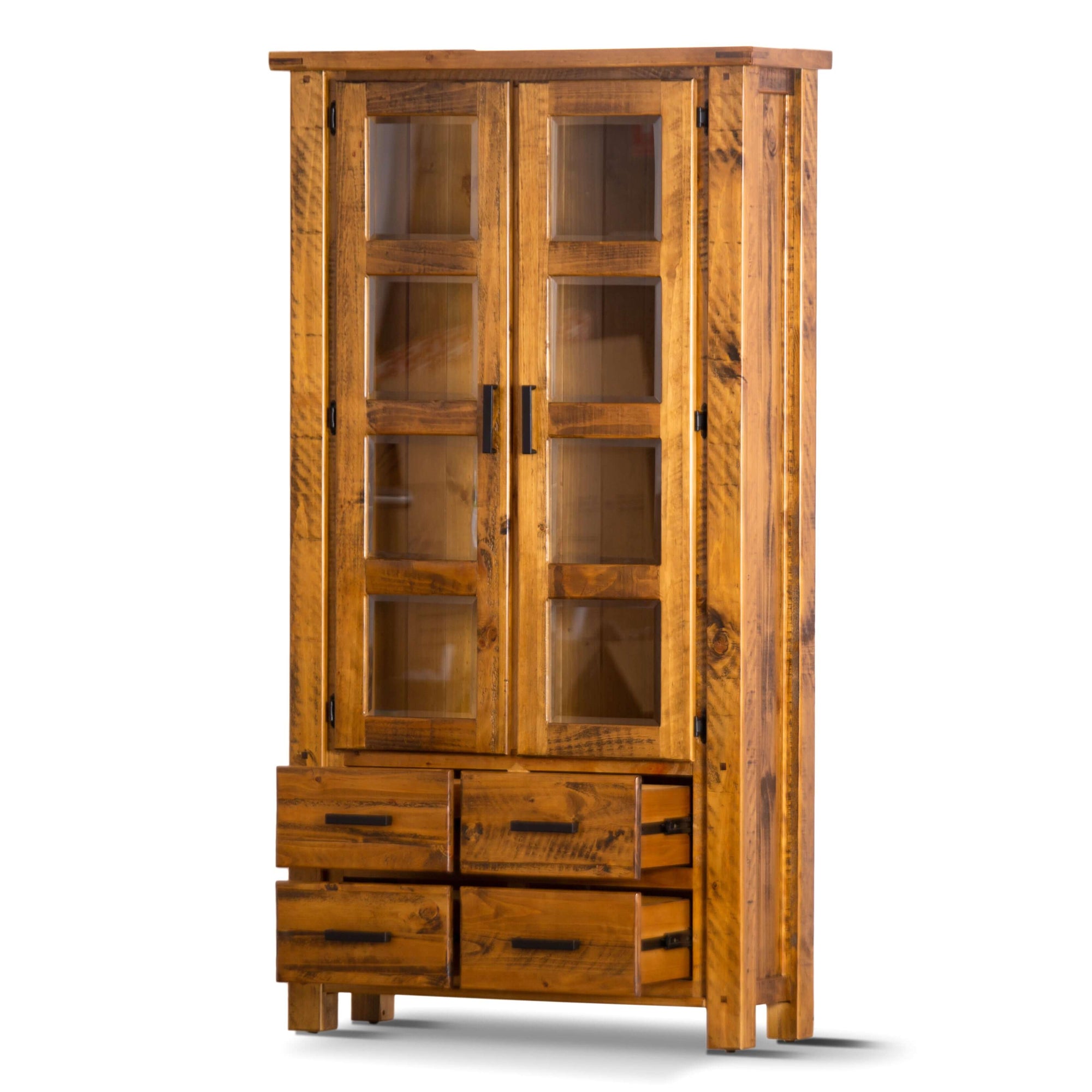 Teasel Display Unit Glass Door Bookcase Solid Pine Timber Wood - Rustic Oak-Upinteriors