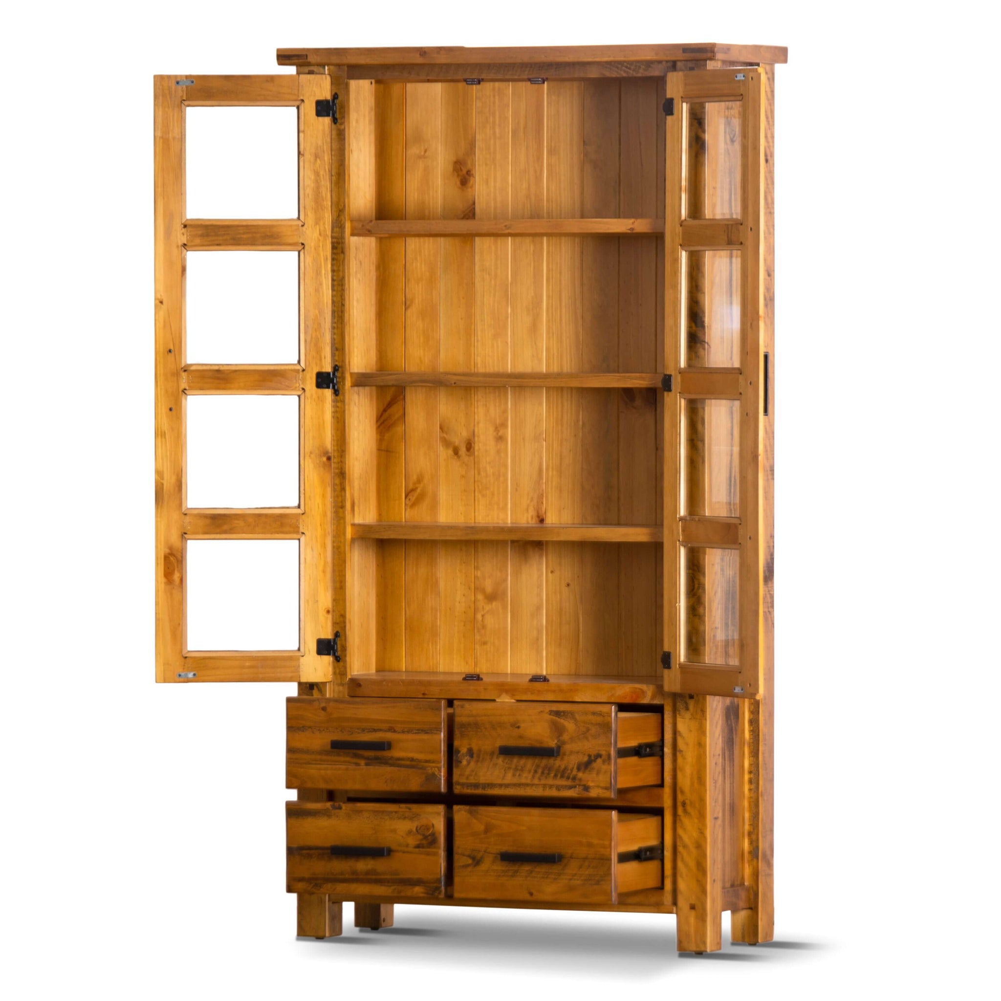 Teasel Display Unit Glass Door Bookcase Solid Pine Timber Wood - Rustic Oak-Upinteriors