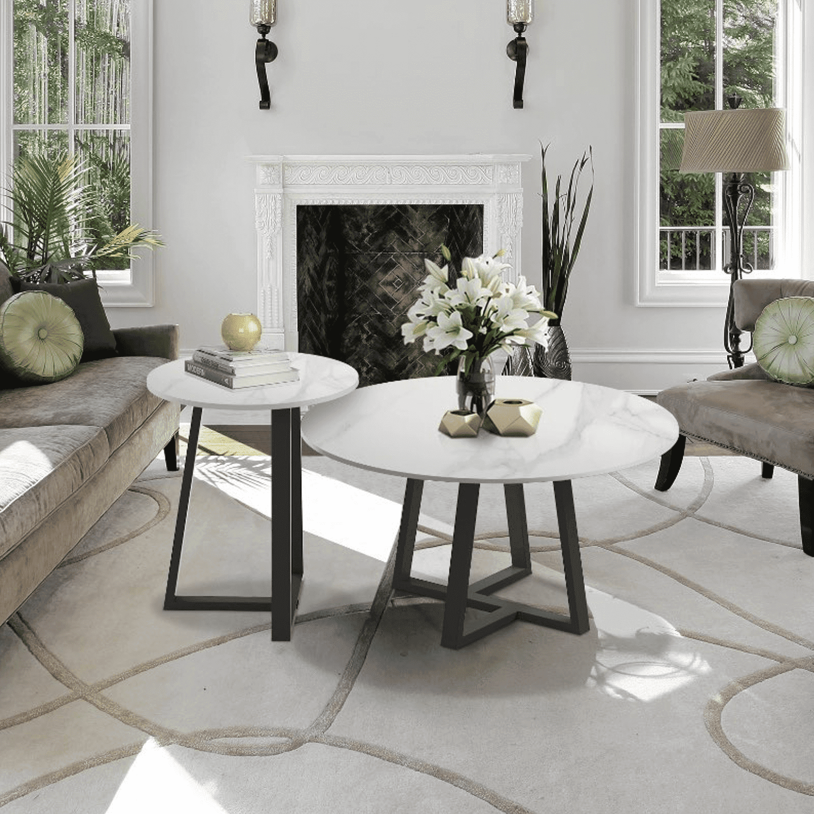 Interior Ave - Broadway Two Tier Marble White Stone Coffee Table Set-Upinteriors