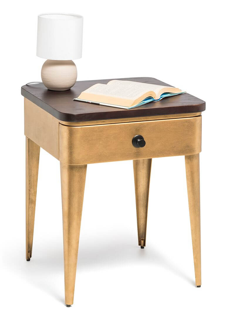 Modern Bedside Table in Brass Finish with Storage Drawer and Wood Top-Upinteriors