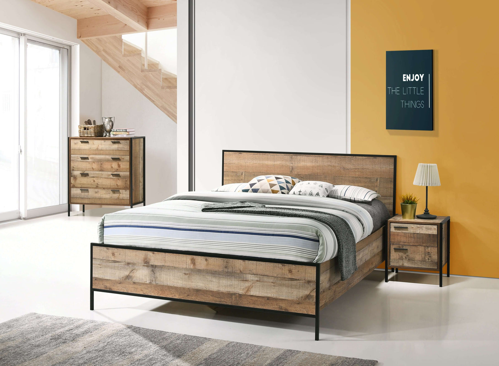 4 Pieces Bedroom Suite with Particle Board Contraction and Metal Legs Queen Size Oak Colour Bed, Bedside Table & Tallboy-Upinteriors