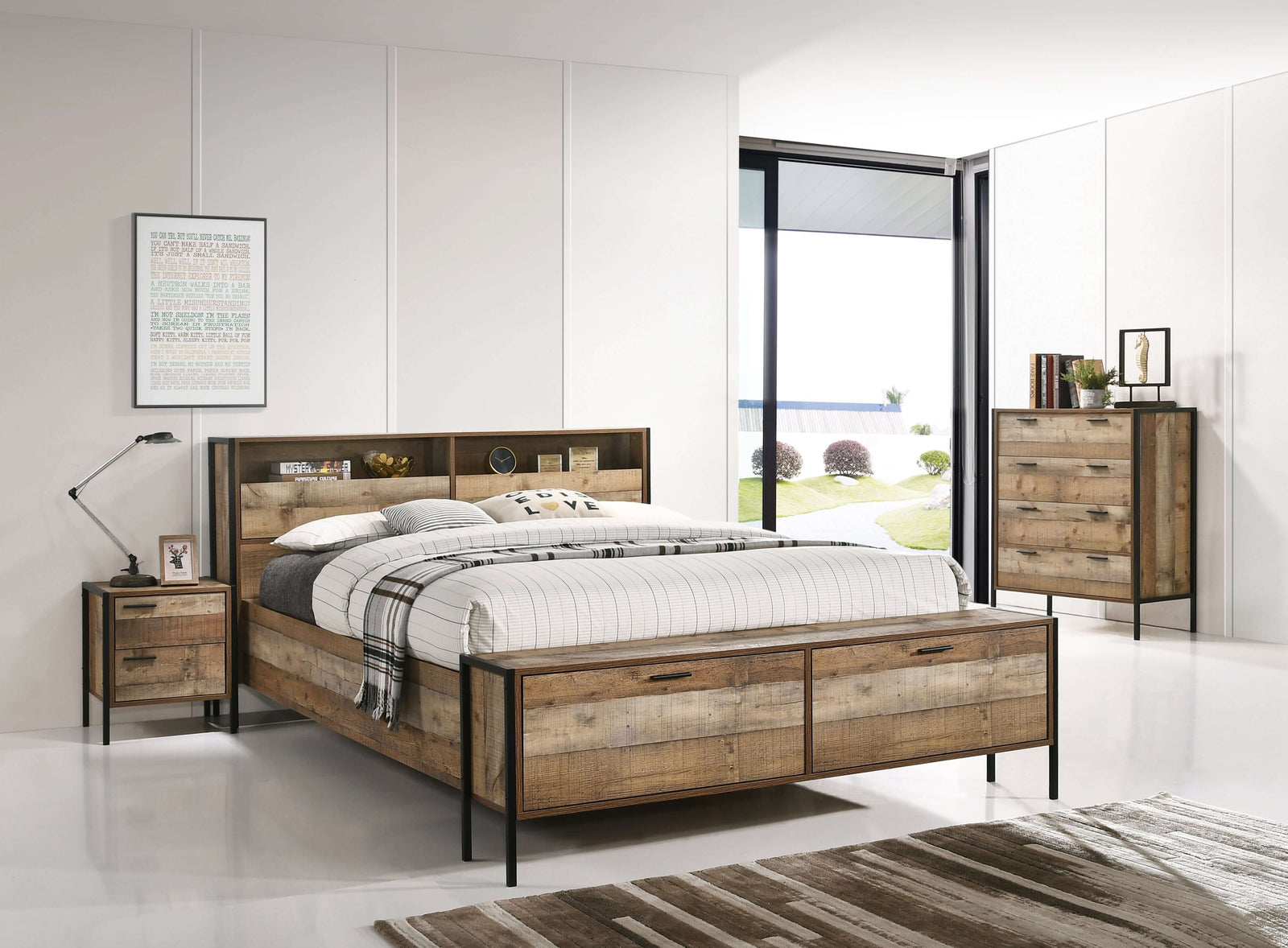 4 Pieces Storage Bedroom Suite with Particle Board Contraction and Metal Legs Queen Size Oak Colour Bed, Bedside Table & Tallboy-Upinteriors