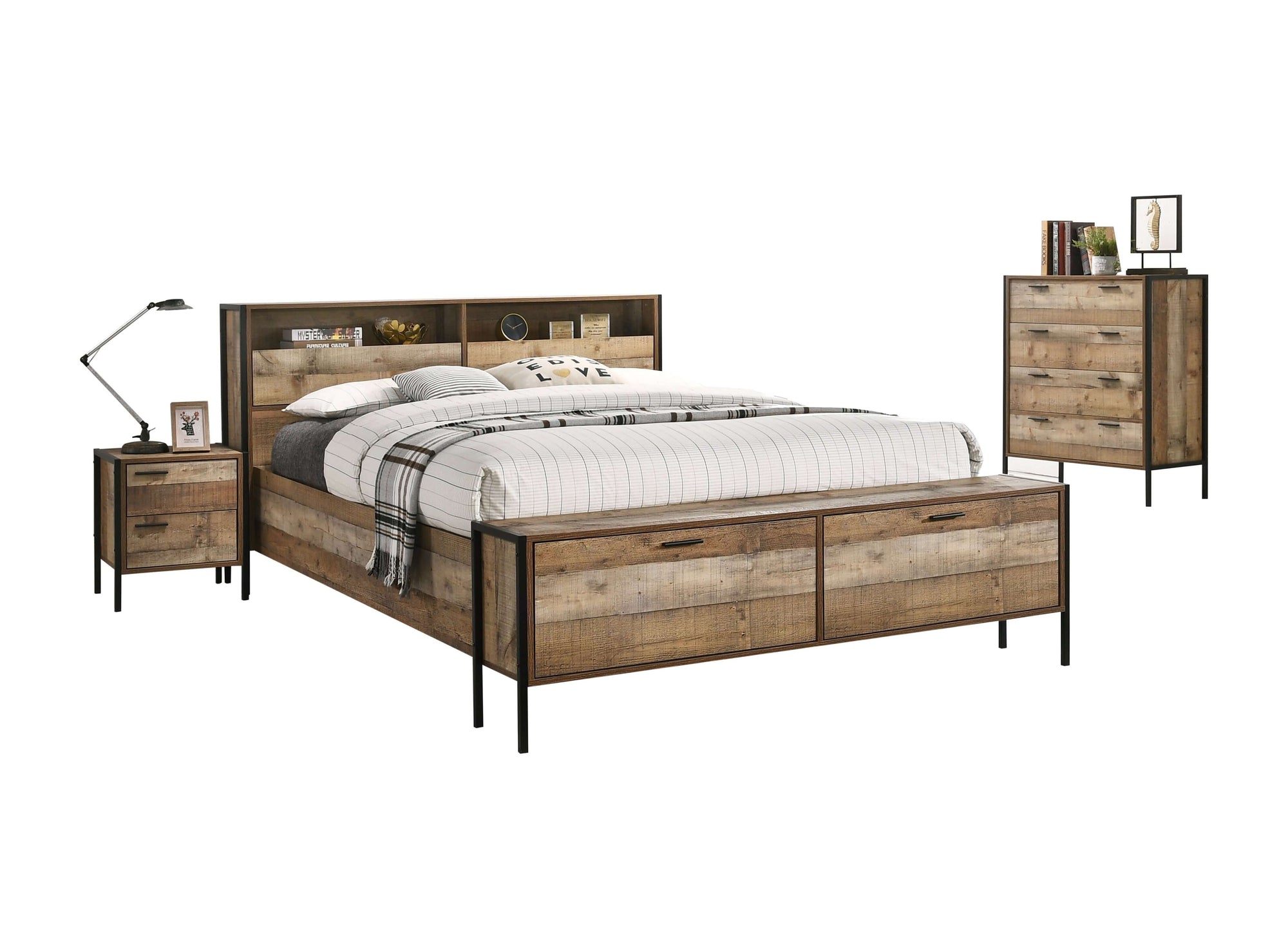 4 Pieces Storage Bedroom Suite with Particle Board Contraction and Metal Legs Queen Size Oak Colour Bed, Bedside Table & Tallboy-Upinteriors