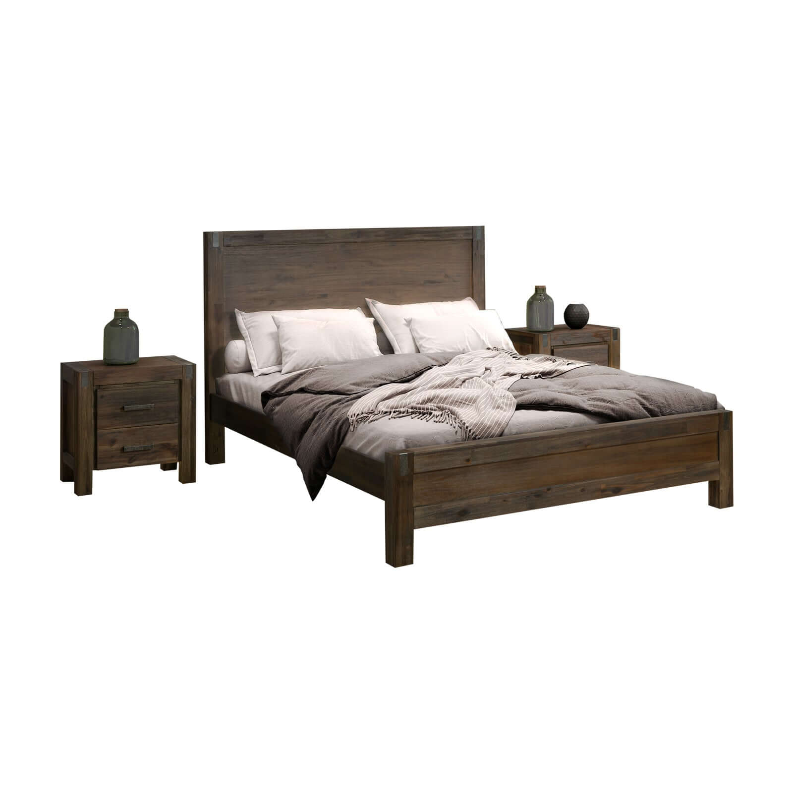 Solid Wood King Size Chocolate Bedroom Suite with Bed and Bedside Table-Upinteriors