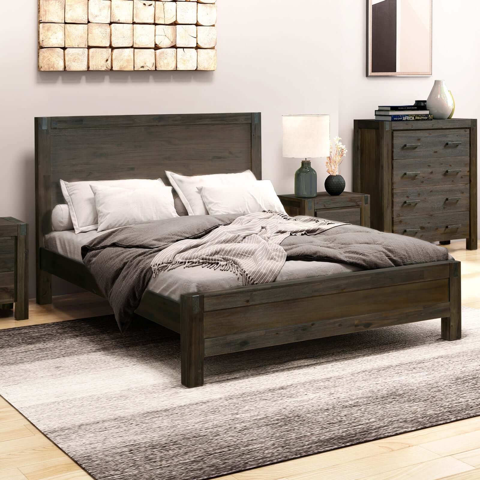 Bed Frame Double Size in Solid Wood Veneered Acacia Bedroom Timber Slat in Chocolate-Upinteriors