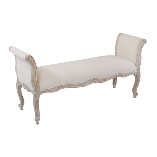Oak Wood Linen Fabric Beige White Washed Finish Bench Chair-Upinteriors