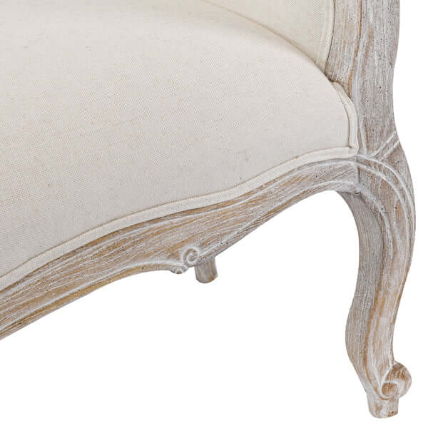 Oak Wood Linen Fabric Beige White Washed Finish Bench Chair-Upinteriors