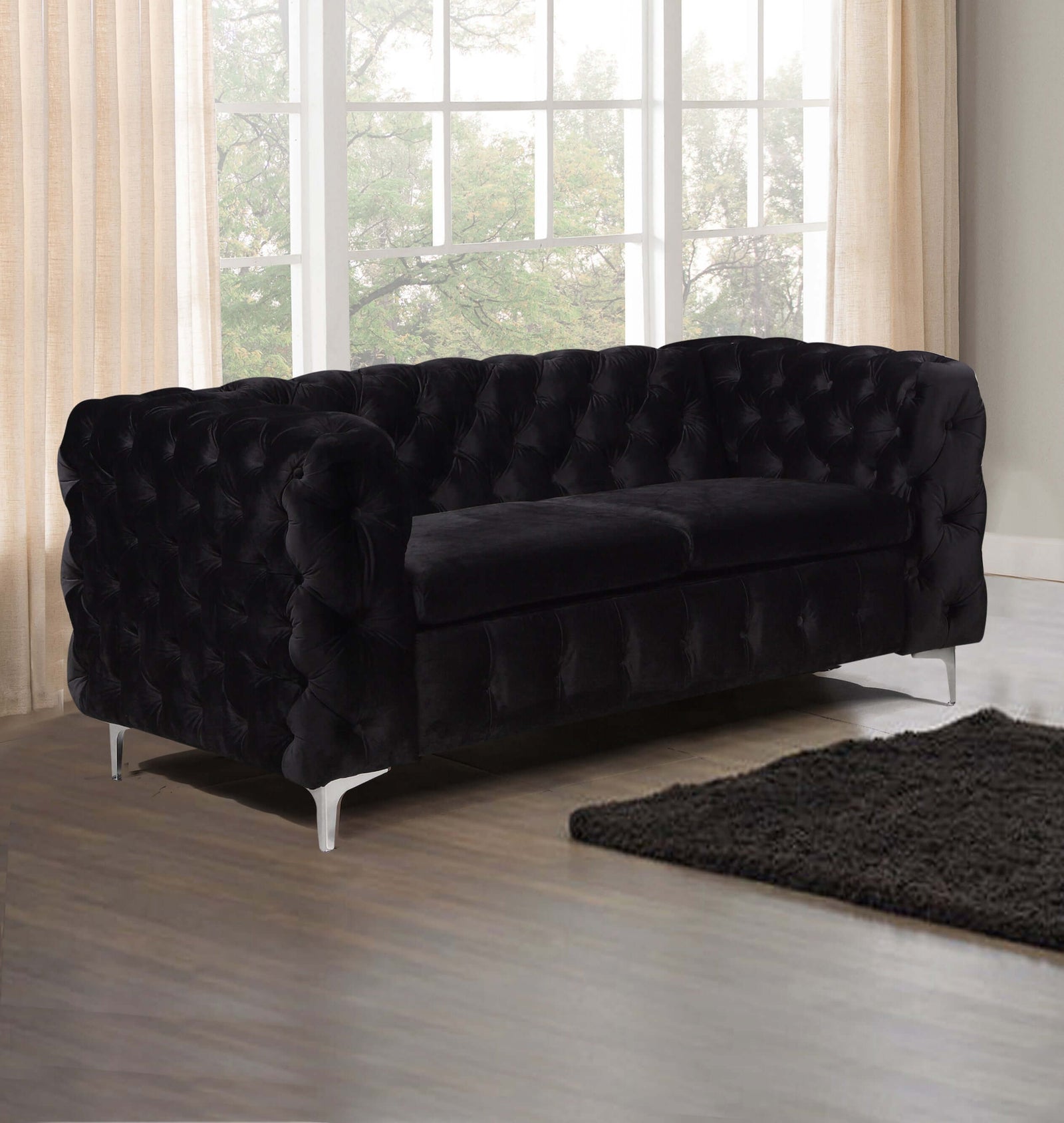 2 Seater Sofa Classic Button Tufted Lounge in Black Velvet Fabric with Metal Legs-Upinteriors