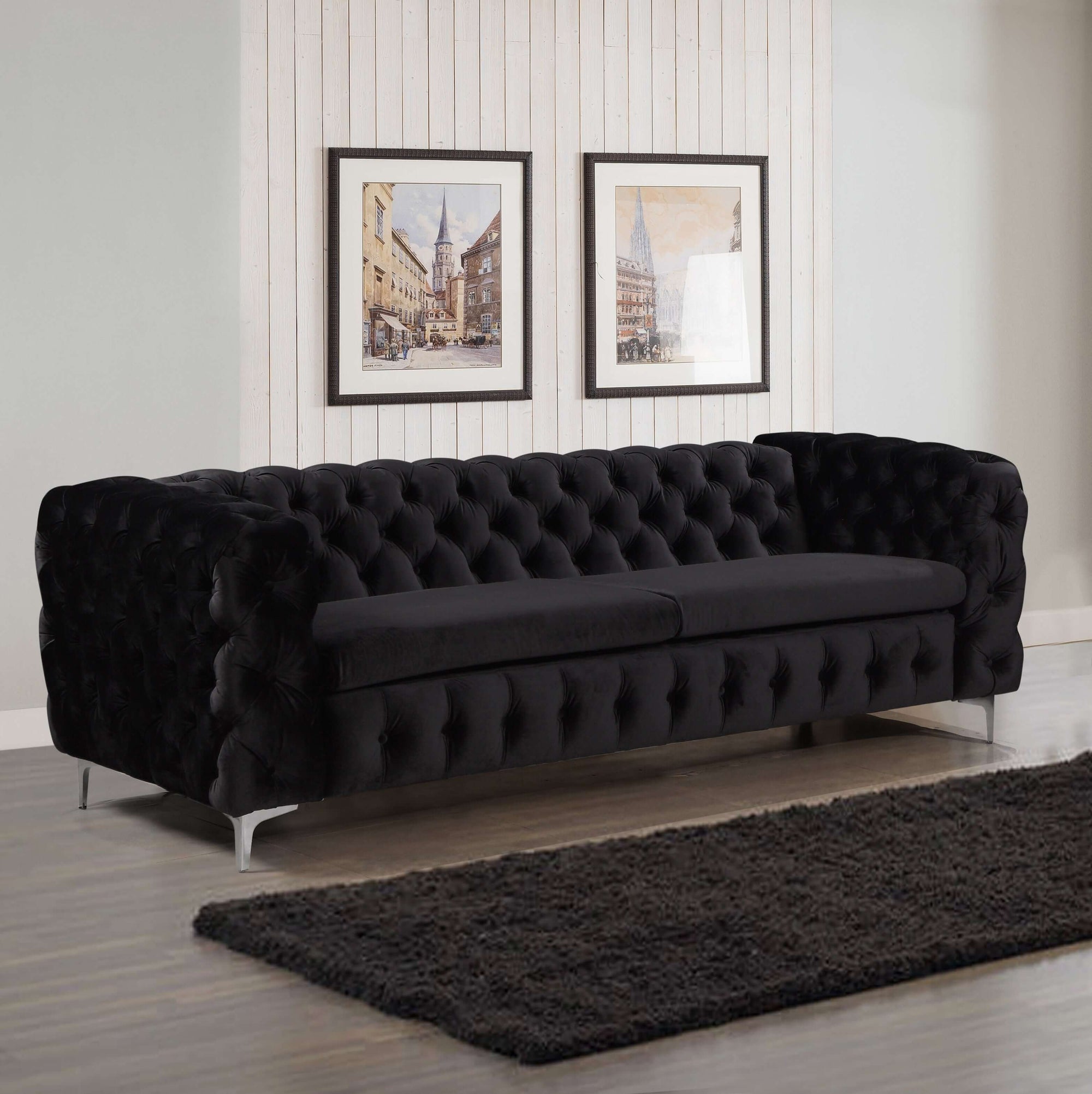 3 Seater Sofa Classic Button Tufted Lounge in Black Velvet Fabric with Metal Legs-Upinteriors