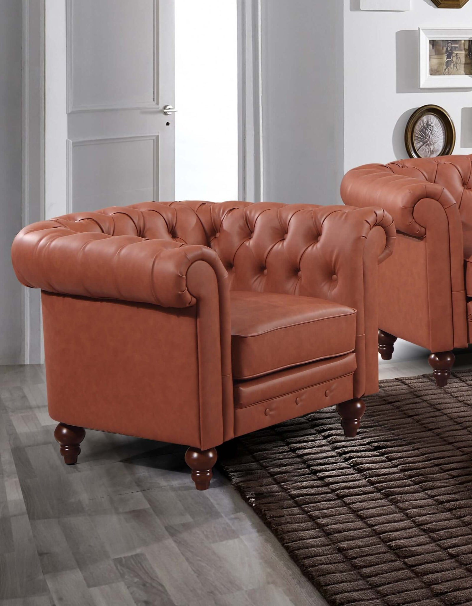 Single Seater Brown Sofa Armchair for Lounge Chesterfireld Style Button Tufted in Faux Leather-Upinteriors