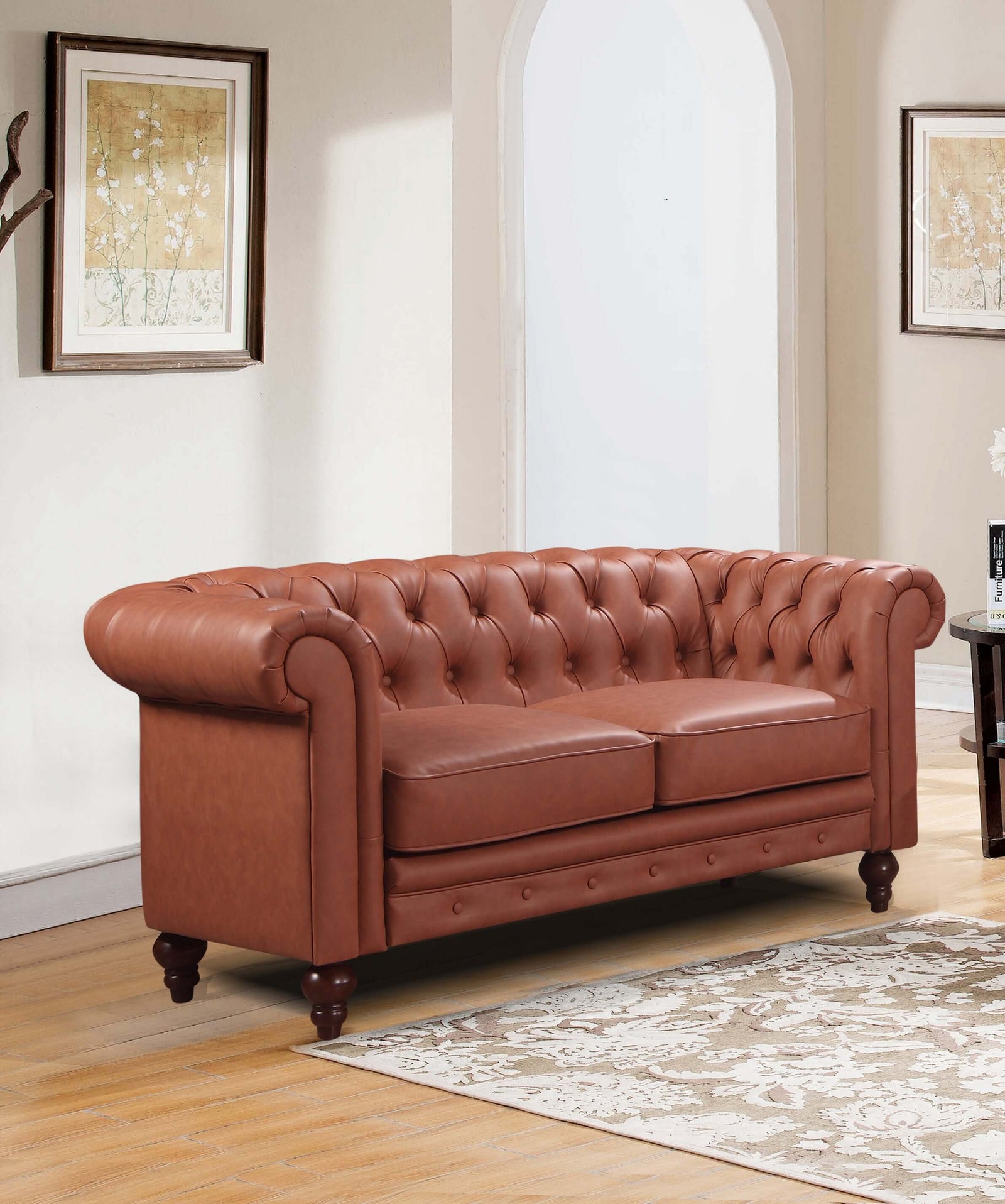 2 Seater Brown Sofa Lounge Chesterfireld Style Button Tufted in Faux Leather-Upinteriors