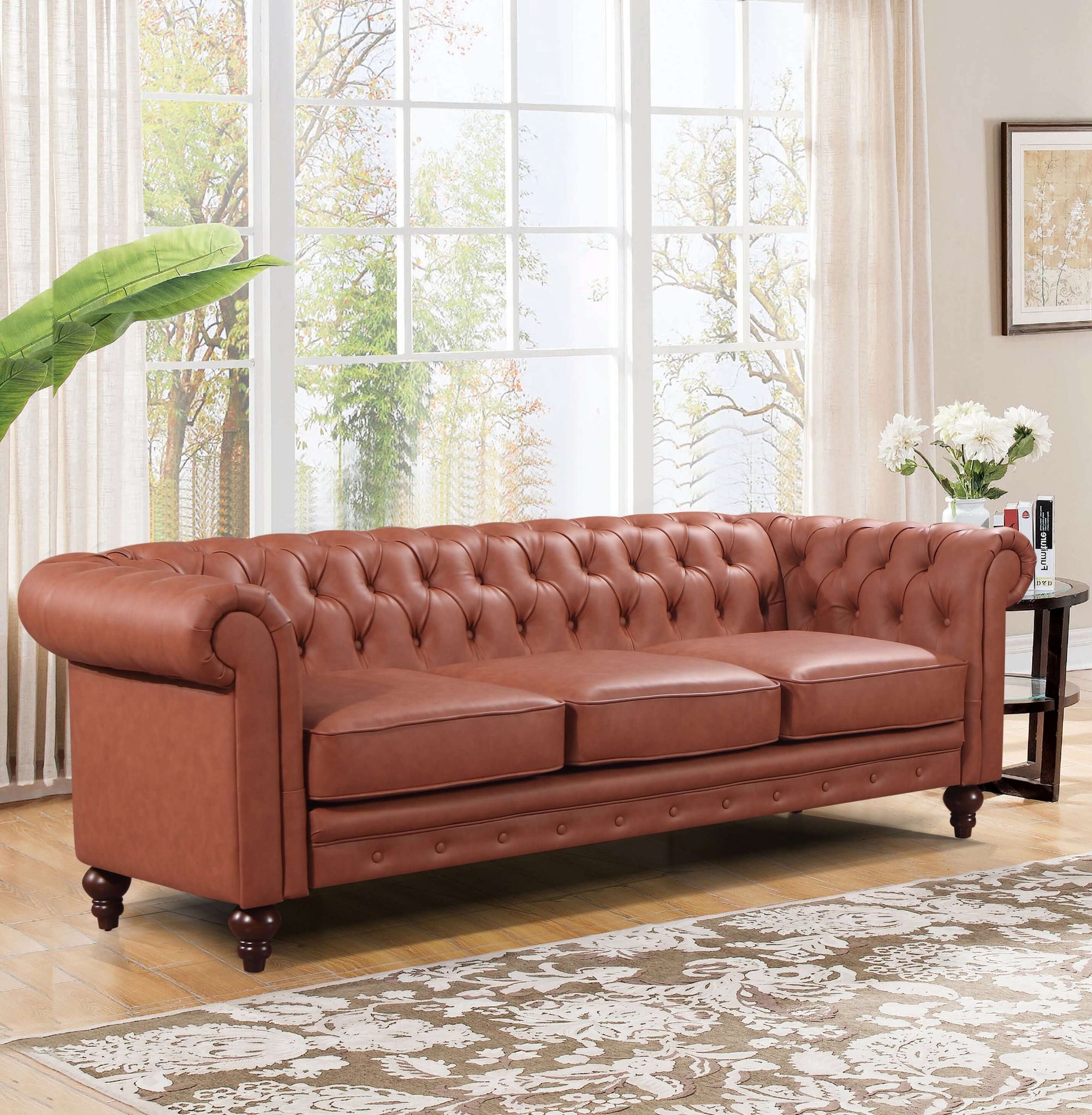 3 Seater Brown Sofa Lounge Chesterfireld Style Button Tufted in Faux Leather-Upinteriors