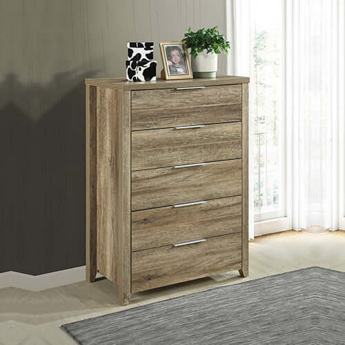 Tallboy with 5 Storage Drawers Natural Wood like MDF in Oak Colour-Upinteriors
