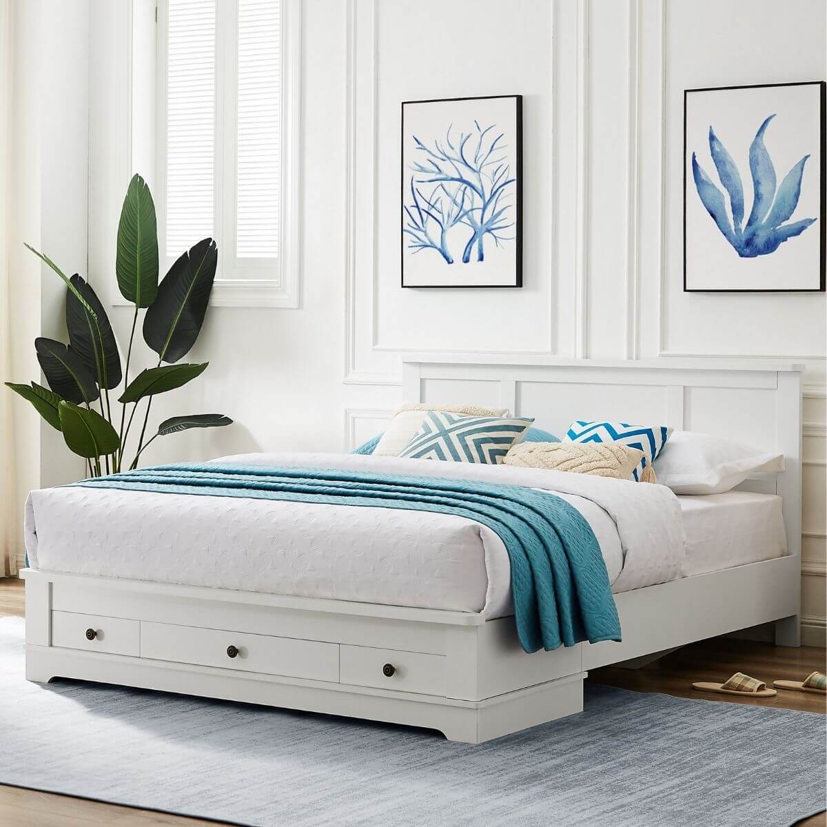Margaux White Coastal Lifestyle Bedframe with Storage Drawers Queen-Upinteriors