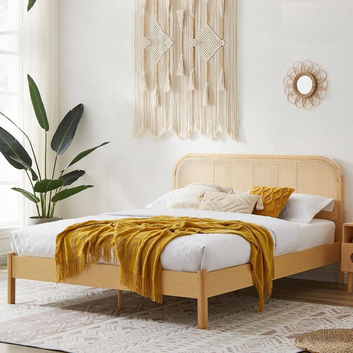 Lulu Bed Frame with Curved Rattan Bedhead - King-Upinteriors