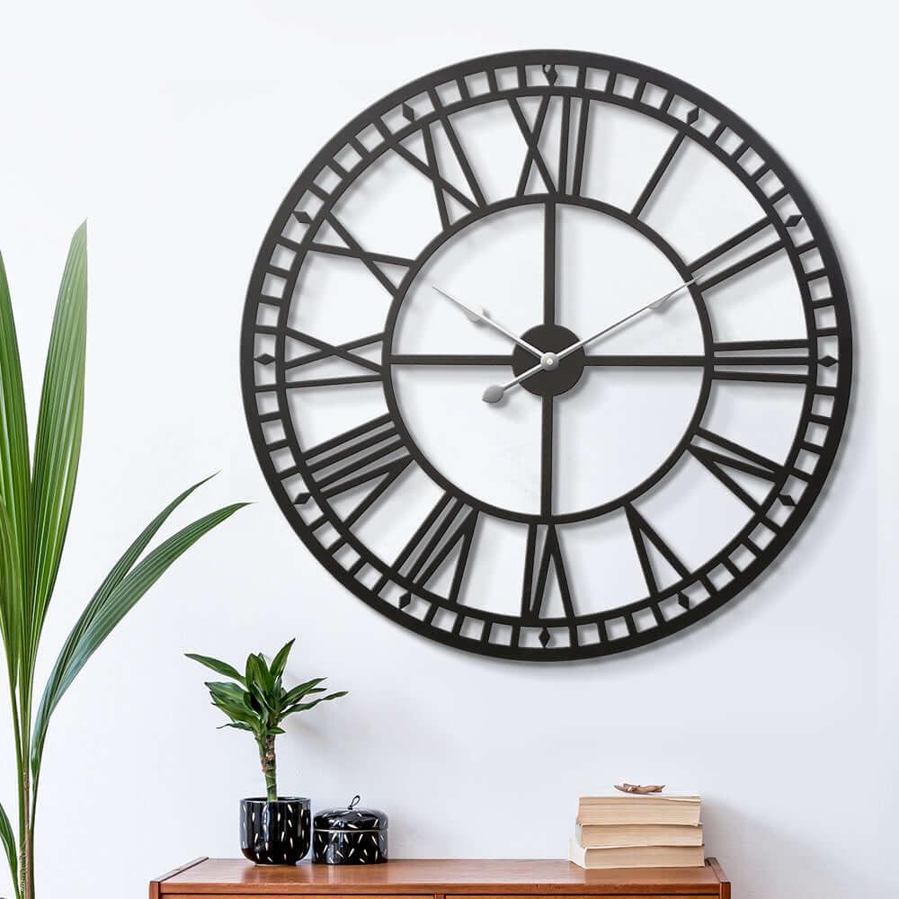 Artiss 80CM Large Wall Clock Roman Numerals Round Metal Luxury Home Decor Black-Upinteriors