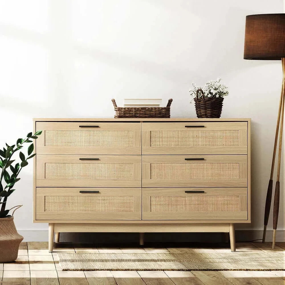 Artiss 6 Chest of Drawers Rattan Tallboy Cabinet Bedroom Clothes Storage Wood-Upinteriors