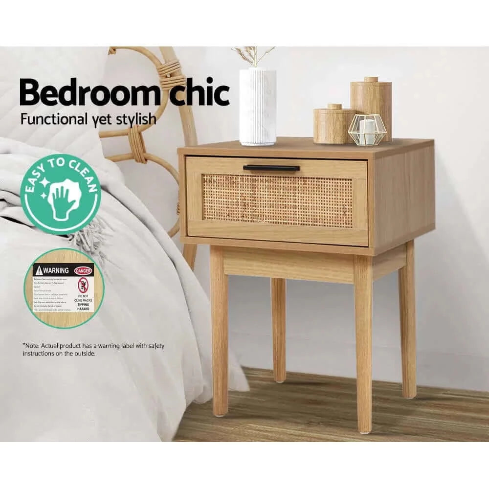 Buy artiss bedside tables table 1 drawer storage cabinet rattan wood nightstand - upinteriors-Upinteriors
