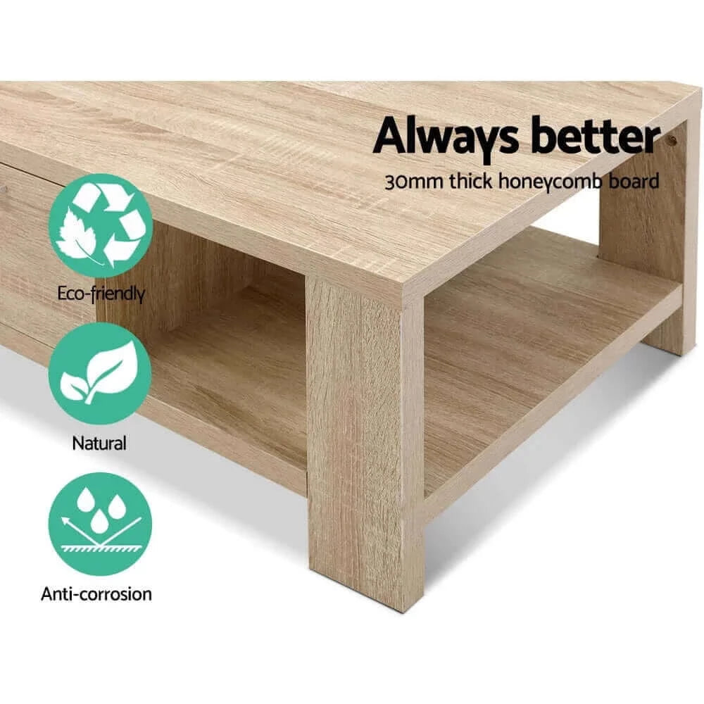 Artiss Coffee Table Wooden Shelf Storage Drawer Living Furniture Thick Tabletop-Upinteriors