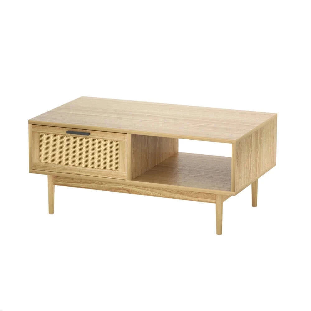 Artiss Rattan Coffee Table with Storage Drawers Shelf Modern Wooden Tables-Upinteriors