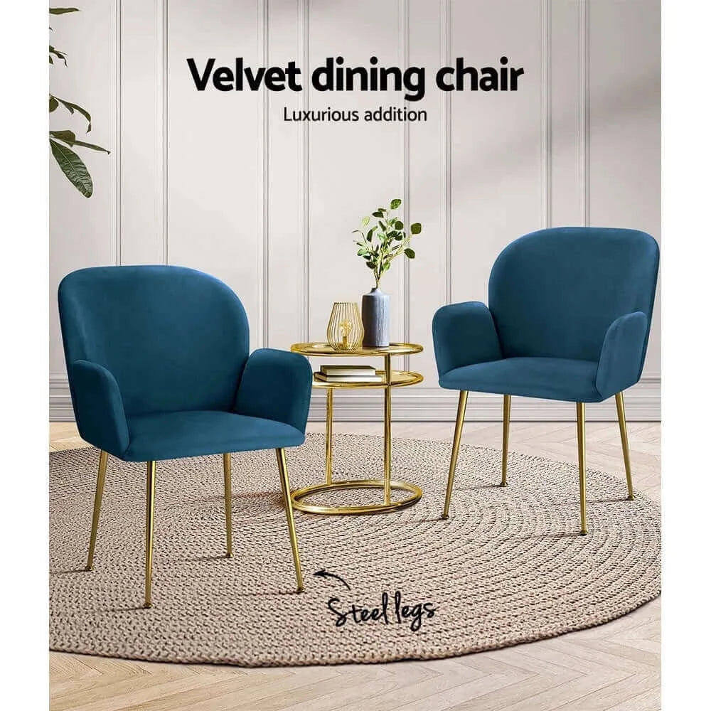 Buy artiss set of 2 kynsee dining chairs armchair cafe chair upholstered velvet blue - upinteriors-Upinteriors