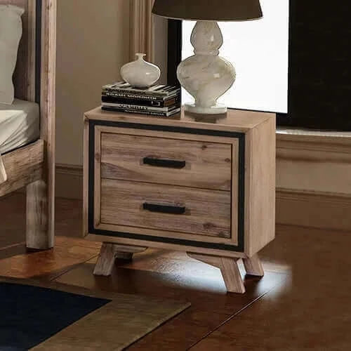 Buy bedside table 2 drawer night stand with solid acacia storage in sliver brush colour - upinteriors-Upinteriors