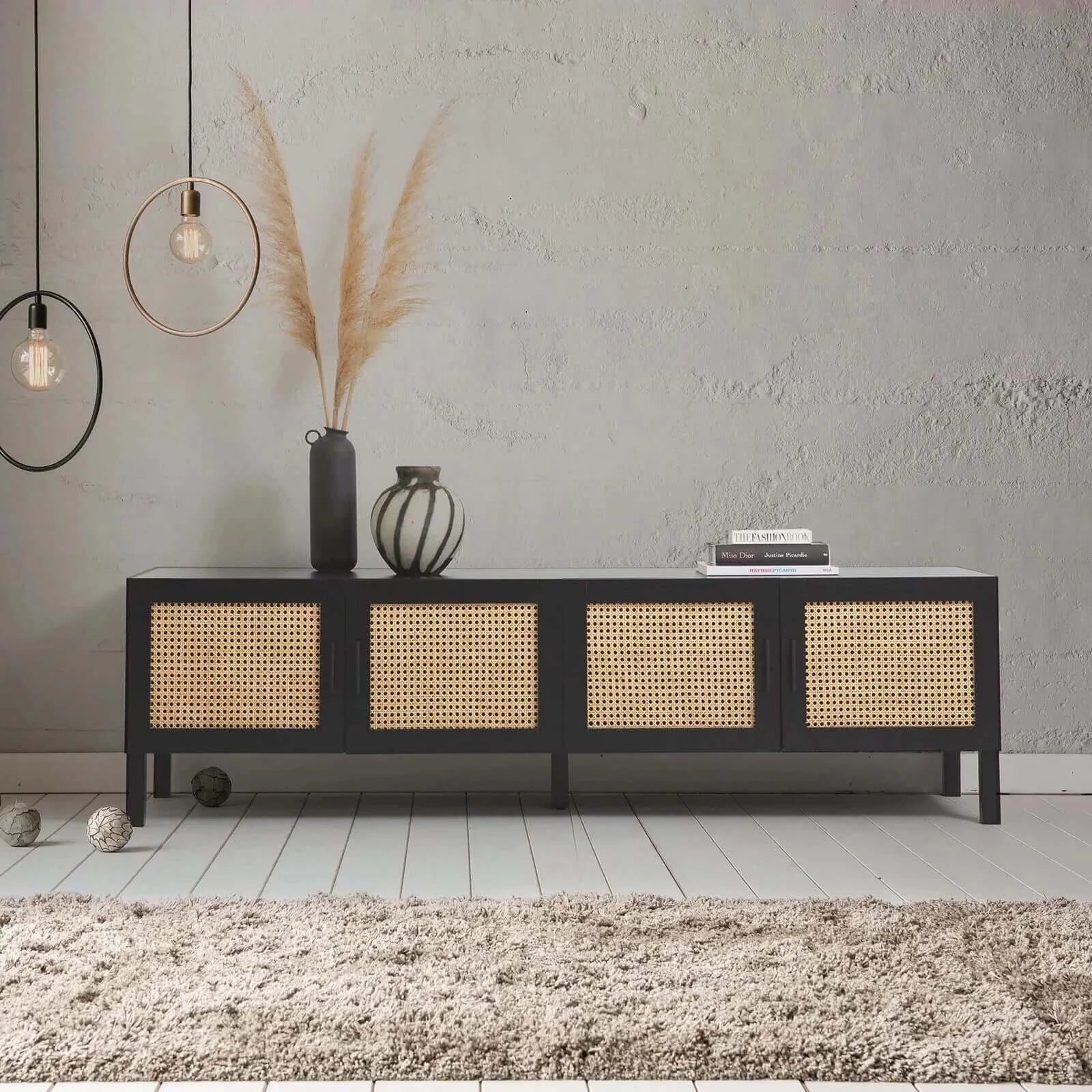 Buy casa decor tulum rattan entertainment unit tv stand cabinet storage black - upinteriors-Upinteriors