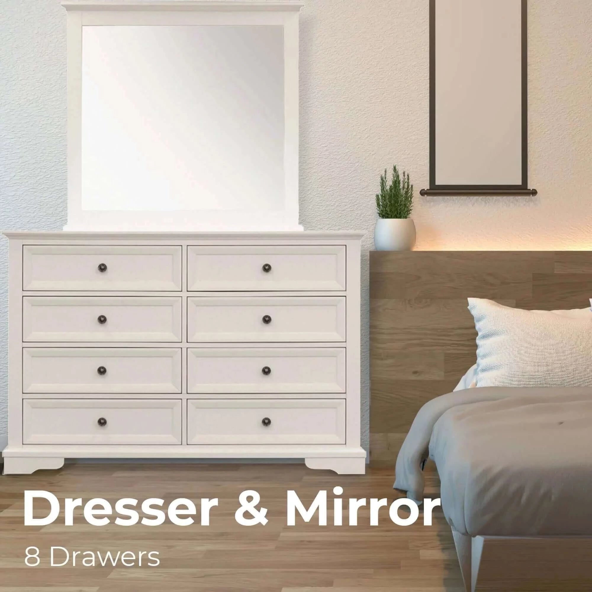 Celosia Dresser Mirror 8 Chest of Drawers Bedroom Timber Storage Cabinet - White-Upinteriors