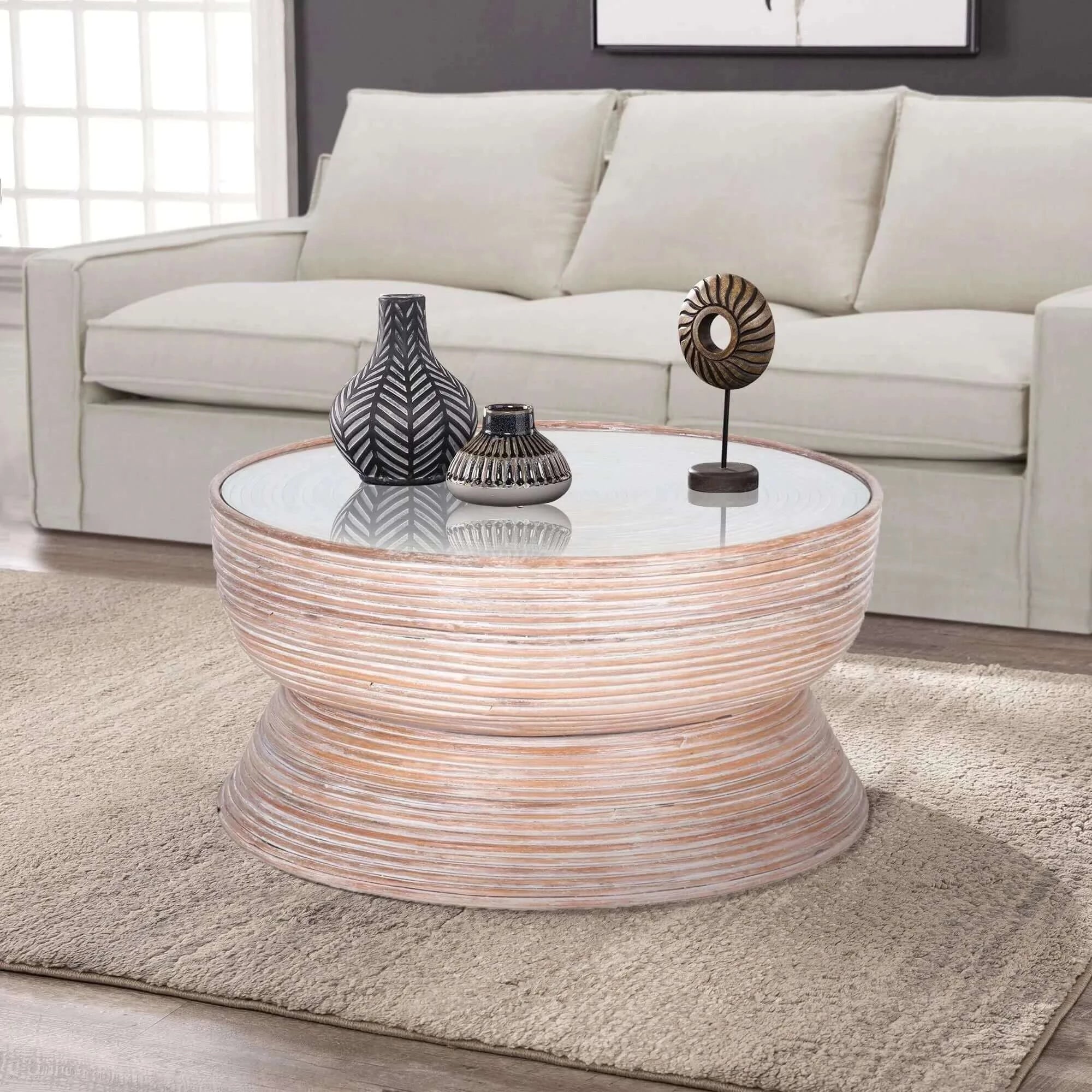 Clover Rattan Round Coffee Table 80cm with Glass Top - Whitewash-Upinteriors