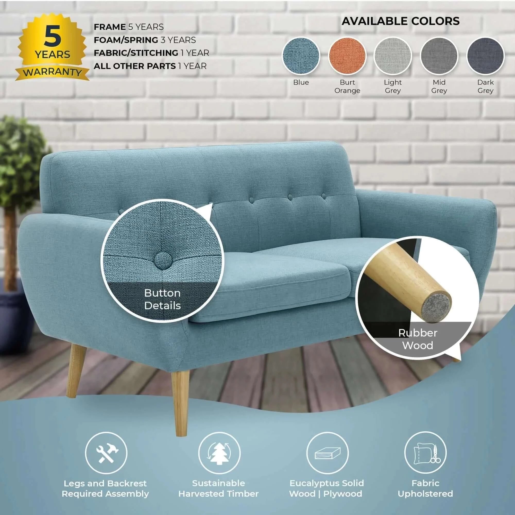Buy dane 3 + 1 + 1 seater fabric upholstered sofa armchair lounge couch - blue - upinteriors-Upinteriors