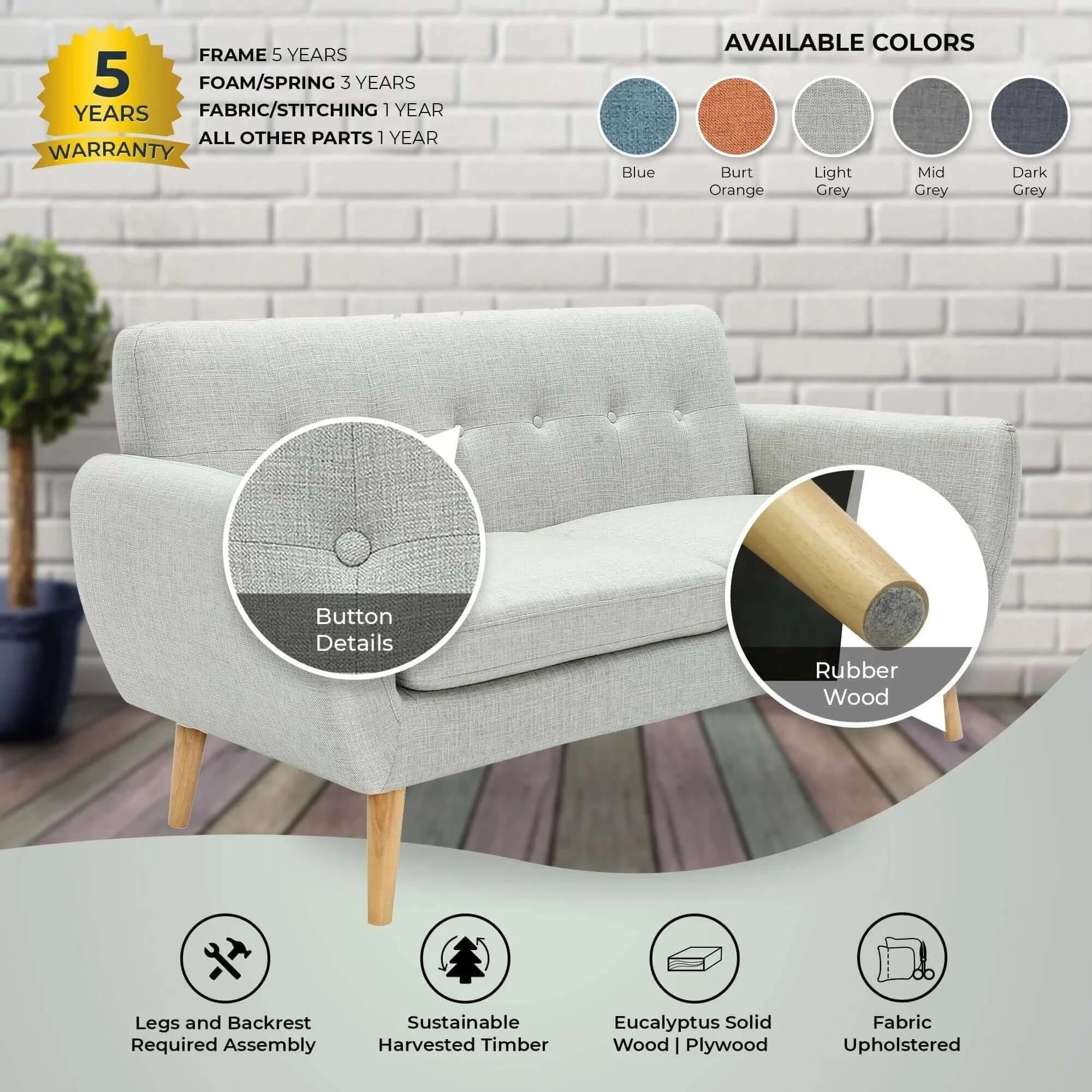 Buy dane 3 + 1 + 1 seater fabric upholstered sofa armchair lounge couch - light grey - upinteriors-Upinteriors
